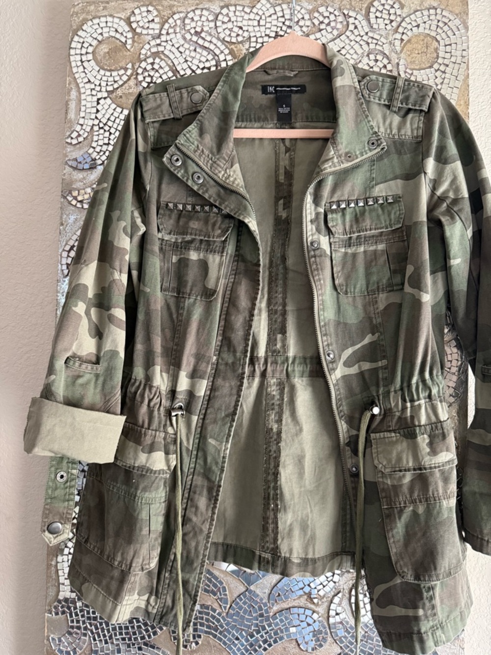 INC International Concepts Olive Camo Utility Jacket with Stud Details
